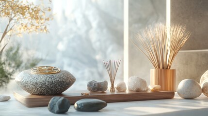 Zen garden scene at window. Calm meditation space