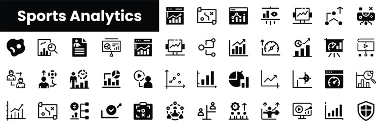 A collection of sleek and modern icons representing sports analytics, including graphs, charts, and data figures on a clean, monochromatic background.