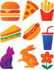 Colorful Assortment of Fast Food Items Animals and a Flower Illustration