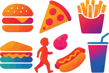 Colorful Cartoon Fast Food Icons with Running Person and Abstract Shapes