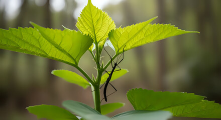 Naklejka premium Delicate stick insect clinging to vibrant green leaves in a tranquil forest setting, showcasing nature's camouflage and intricate detail