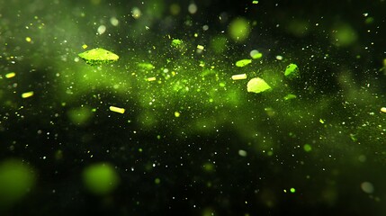 Green particles suspended in darkness.