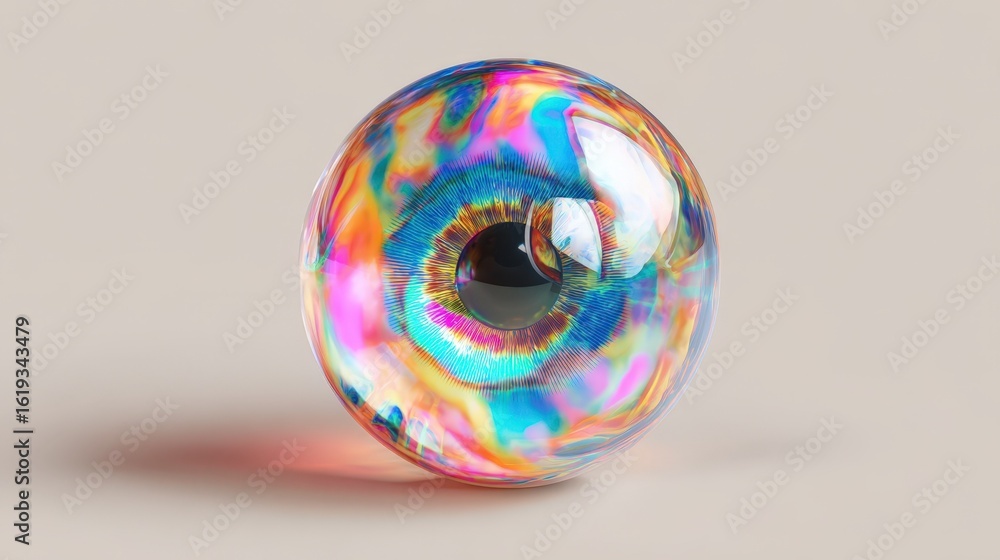 Poster abstract iridescent sphere resembling an eye vibrant colors and textures digital art 3d rendering mo