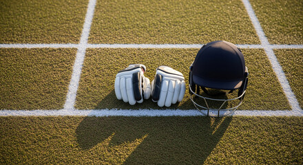 Get ready for the game with this cricket equipment resting on a vibrant green field with painted lines