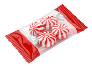 Red and white striped peppermint candies in a clear wrapper with red edges