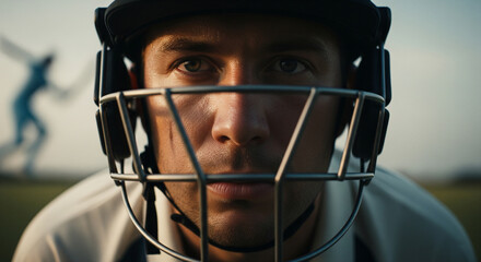 Intense cricket player stares forward with steely determination ready for the next play on the field