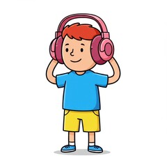 Happy Boy Listening to Music with Pink Headphones