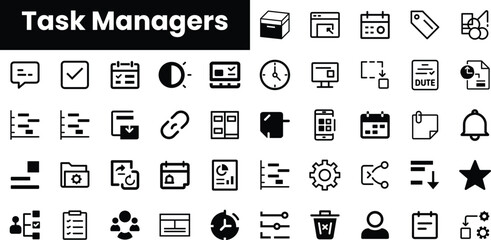 A collection of task management icons featuring tools and symbols in a minimalist black and white design suitable for productivity applications.