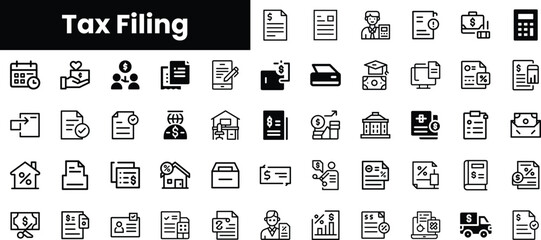 A comprehensive collection of tax filing icons, showcasing various financial and accounting elements in a sleek black and white design, perfect for tax-related projects.