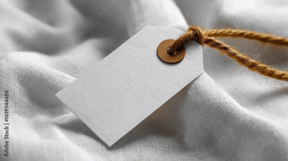 Poster blank white tag on soft fabric background perfect for mockups branding and design projects