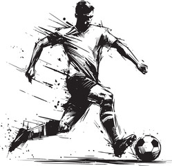  Stylized black-and-white artwork depicting a soccer player mid-strike, emphasizing speed and agility. The dynamic motion and fine details celebrate the sport of soccer