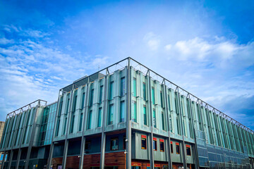 General view of Pier 17 building with modern reflective glass design in New York City