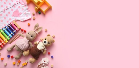 Different toys and baby bodysuit on pink background with space for text
