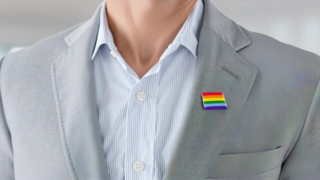 LGBTQ and diversity concept, Person wearing a suit with a pride flag lapel pin.