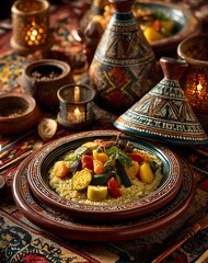 Moroccan Vegetable Couscous in Rustic Tagine Setting