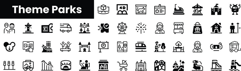 A diverse collection of theme park icons highlighting attractions and experiences, showcasing family fun, rides, entertainment, and more in a playful black and white design. © Purlo Hop