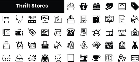 A collection of minimalist icons representing thrift stores, showcasing various elements like clothing, discounts, and shopping symbols in a black and white design.
