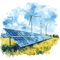 A watercolor-style illustration of solar panels and wind turbines in an open field, representing renewable energy sources harnessing wind and solar power