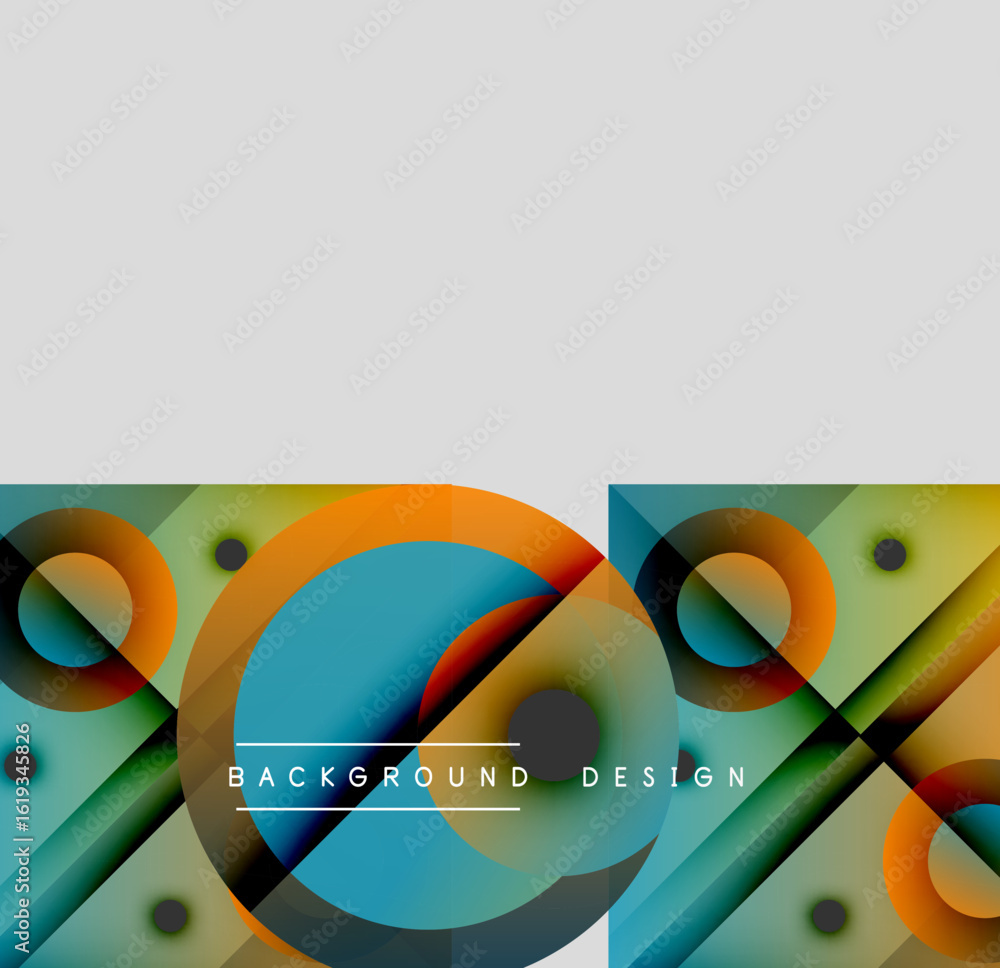 Poster abstract geometric shapes, vibrant colors, modern design. overlapping circles, squares create dynami