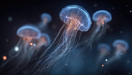 Glowing Jellyfish Swarm, Ocean Depth, Bioluminescent, Underwater Scene, Digital Art