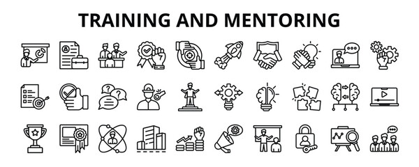 30 Training and Mentoring Line Icons Vector - training, internship, mentorship, motivation, support, coaching, tutorial
