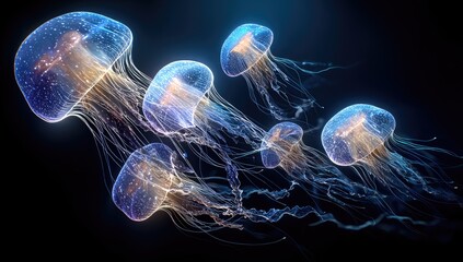 Glowing jellyfish swim in dark ocean; digital art, screensaver
