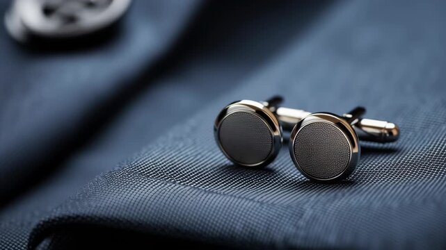 Stylish cufflinks on a textured fabric background.