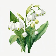 Fototapeta premium Detailed illustration of a cluster of delicate white flowers with green leaves
