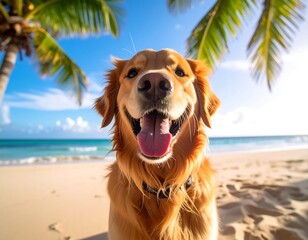 Happy golden retriever on a sunny beach, panting with joy