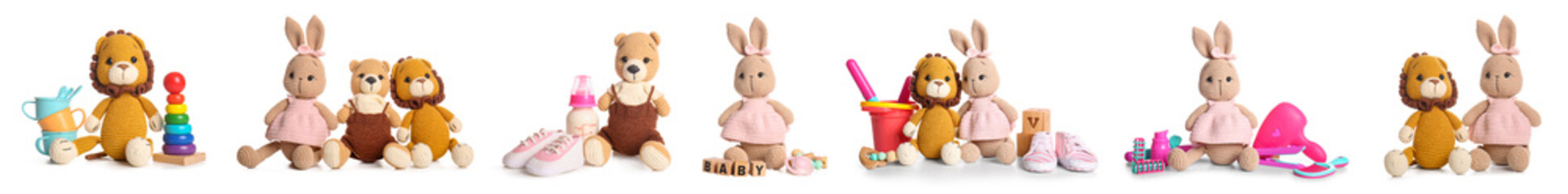 Set of baby toys and accessories on white background