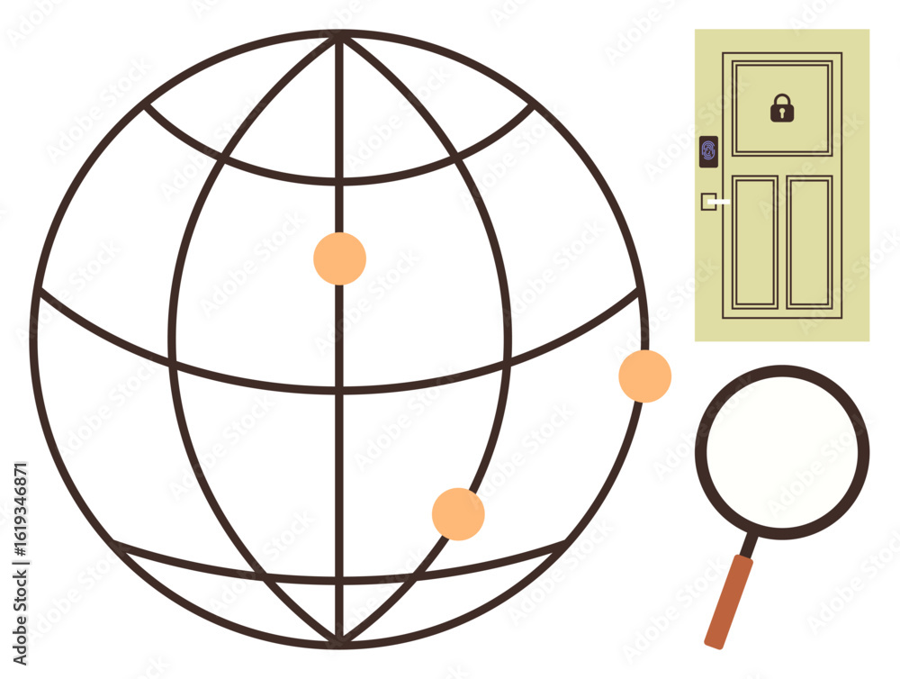 Poster globe with connection points, locked door, magnifying glass emphasizing security, network exploratio