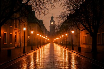 A Serene Night Scene in a Historic European Town