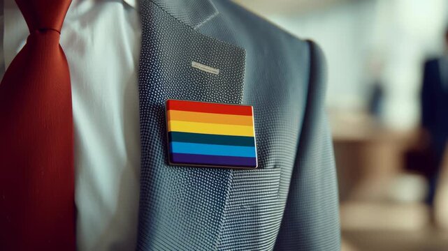 LGBTQ and diversity concept, Person wearing a suit with a pride flag lapel pin.
