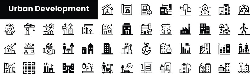 A diverse array of urban development icons representing various industries including construction, architecture, and community planning in a sleek, modern design. © Purlo Hop
