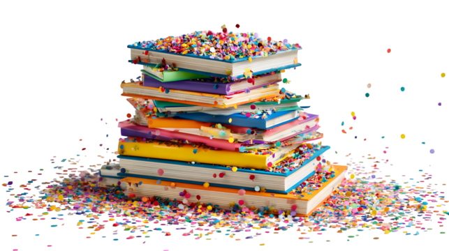 Colorful book stack topped with confetti on a white surface