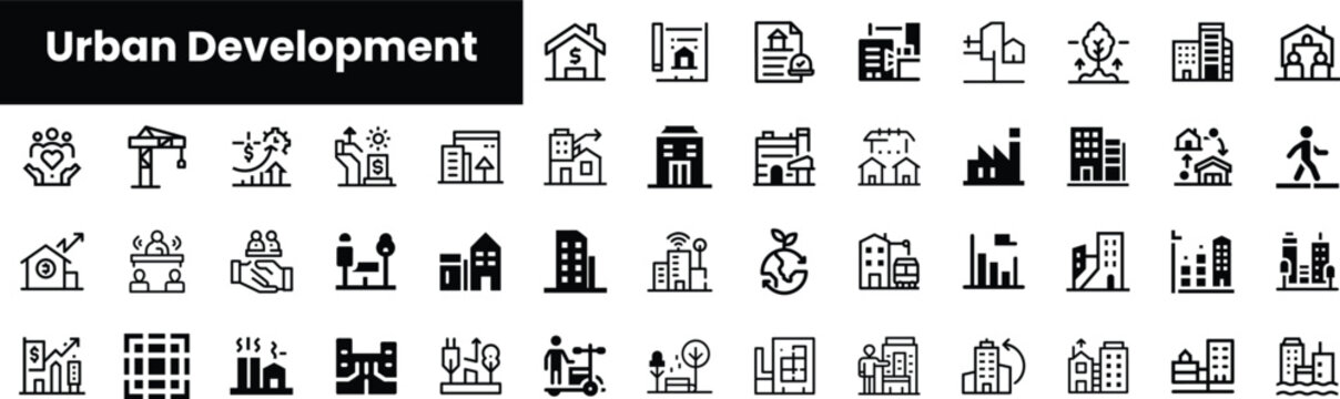 A diverse array of urban development icons representing various industries including construction, architecture, and community planning in a sleek, modern design.