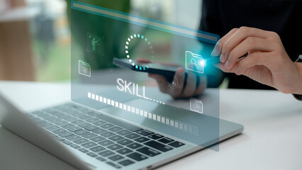 Concept of digital upskilling progress with futuristic interface, showing online learning, skill development, and continuous improvement using modern technology via mobile and laptop devices.