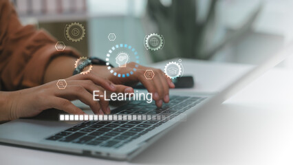 Modern e-learning concept with digital education icons, showing user interacting on laptop for online training, skill development, remote study, and virtual learning through technology.
