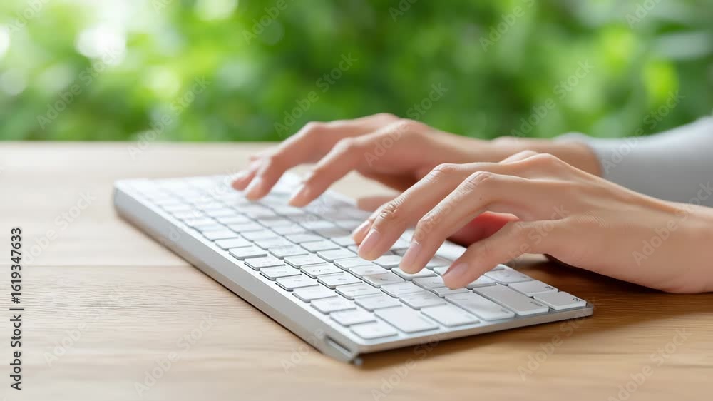 Aufkleber hands typing on a keyboard with a blurred green background.