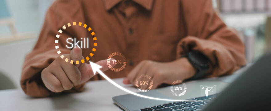 Digital skill progress concept with visual percentage graph and user interaction, representing continuous personal development, online learning, and upskilling through modern education technology.