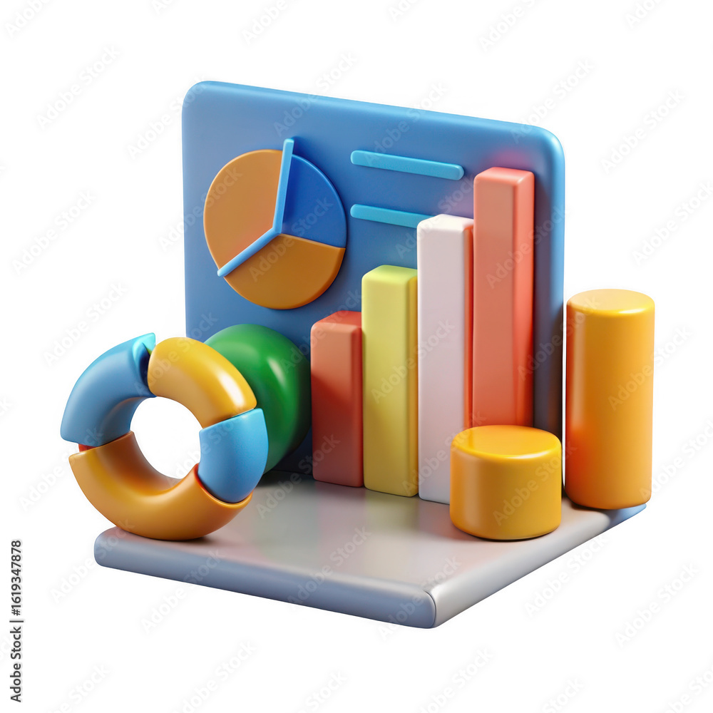 Poster colorful 3d business analytics chart elements isolated on transparent background