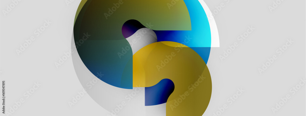 Poster abstract design features overlapping colorful shapes. yellow, blue, white create dynamic visual impa