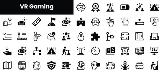 A collection of monochromatic icons representing various elements of VR gaming, including equipment, gameplay mechanics, and user interactions.