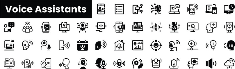 A diverse collection of voice assistant icons in a minimalist black and white style, illustrating various functionalities and features associated with voice technology.