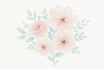 Fototapeta premium Delicate blush pink flowers and green foliage painted in watercolor style on white background, symbolizing elegance and romantic nature