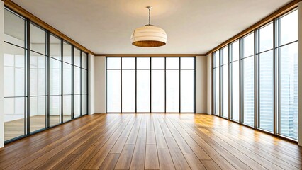 Fototapeta premium Empty modern room with large glass windows and wooden floor in high rise building 