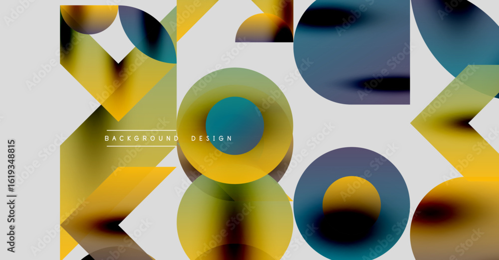 Poster abstract geometric shapes overlap. yellow, blue, green hues create dynamic composition. modern desig