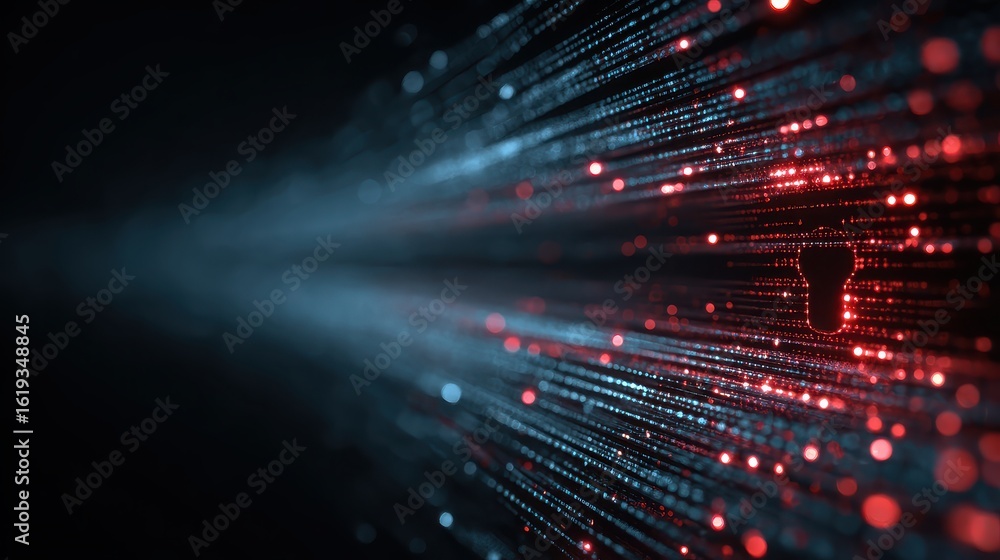 Poster cybersecurity with glowing keyhole on data streams, digital protection