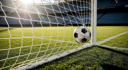 Spectacular soccer goal with a classic black and white ball nestled in the net at sunny stadium