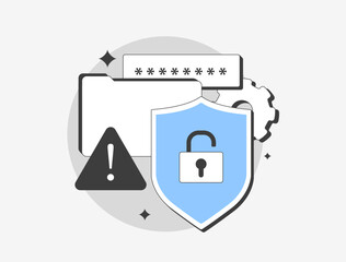 Ransomware data protection with secure file encryption, password shield and alert system for preventing cyber attacks. Ransomware data protection and stop unauthorized access flat vector illustration